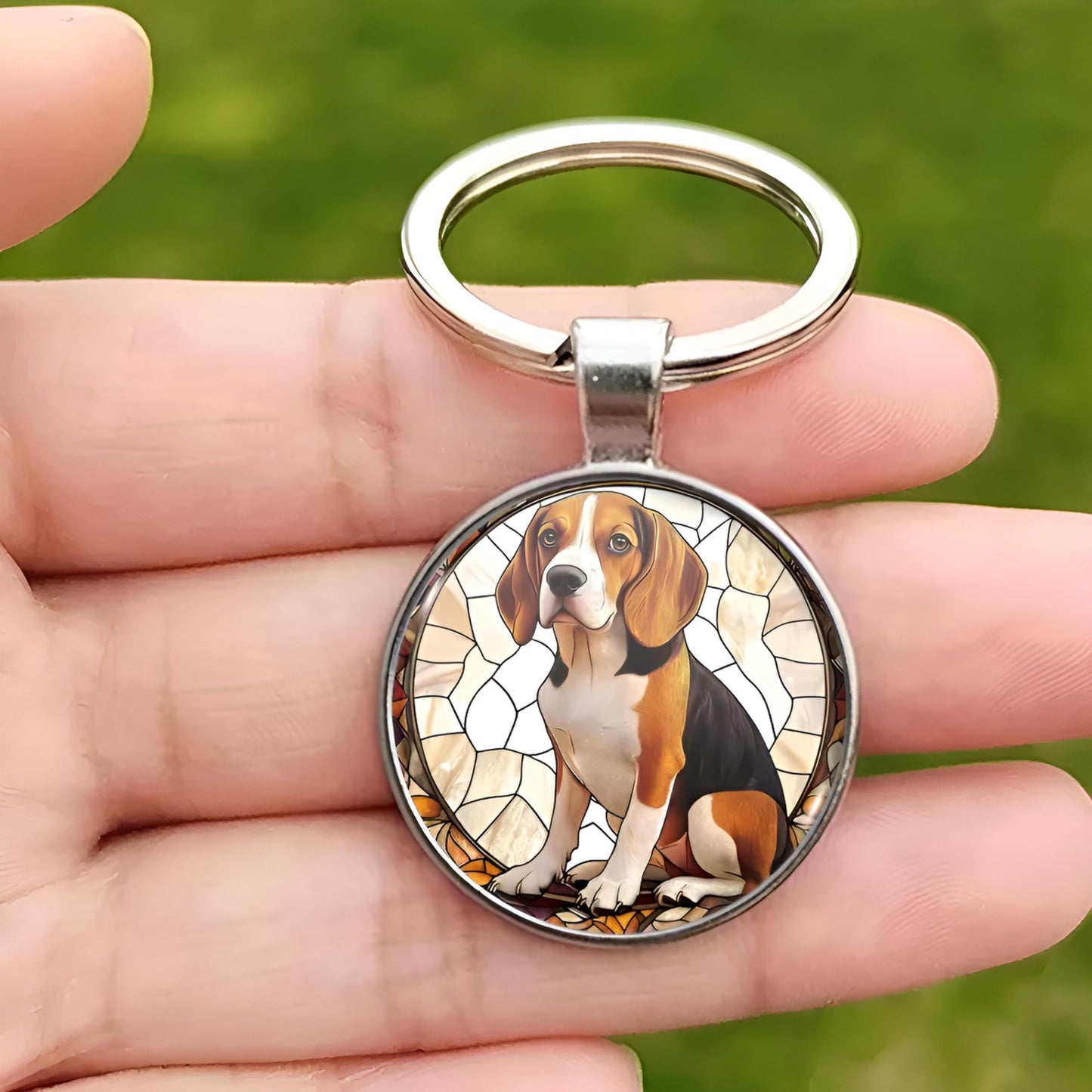 SUPAC Dog Lovers' Keychain, Different Puppy Breeds Portrait Round Glass Keychain, Silver Metal Frame, 1.06 Inch Diameter