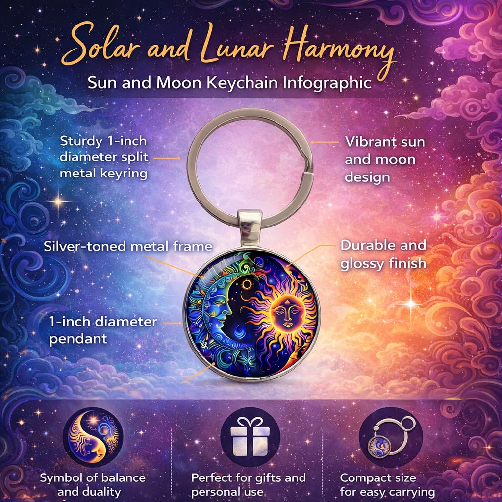 Celestial Sun and Moon Pendant Keychain, 17.7 inch Chain, Colorful Mystical Design (Celestial Sun and Moon Keychain)