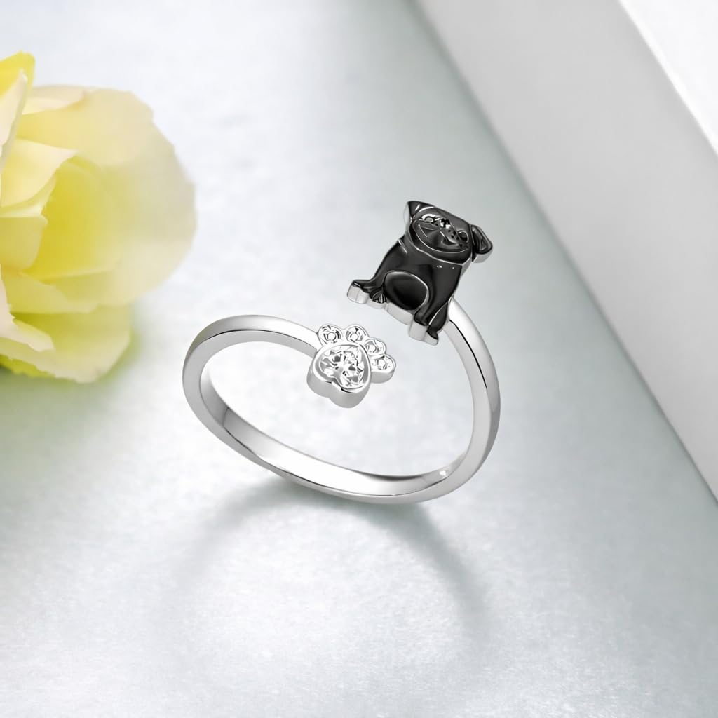 SUPAC German Shepherd, Yorkie, Pug Dog Paw Adjustable Ring, Sterling Silver, Paw Print Design with Crystal Accents - Christmas, Birthday, or Party Ring