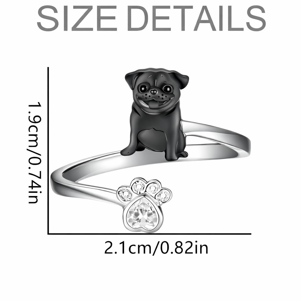 SUPAC German Shepherd, Yorkie, Pug Dog Paw Adjustable Ring, Sterling Silver, Paw Print Design with Crystal Accents - Christmas, Birthday, or Party Ring
