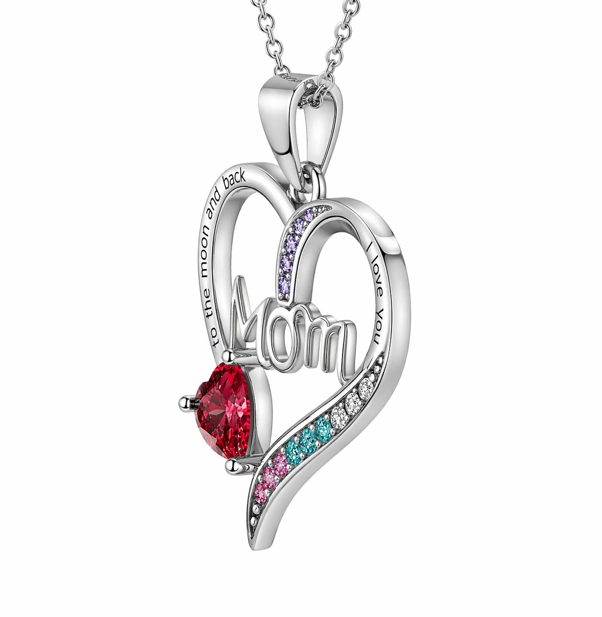 SUPAC Heart Mom Necklace, Sterling Silver Crystal Pendant with Pink Heart Stone, I Love You to the Moon and Back - Mother's Day Gift