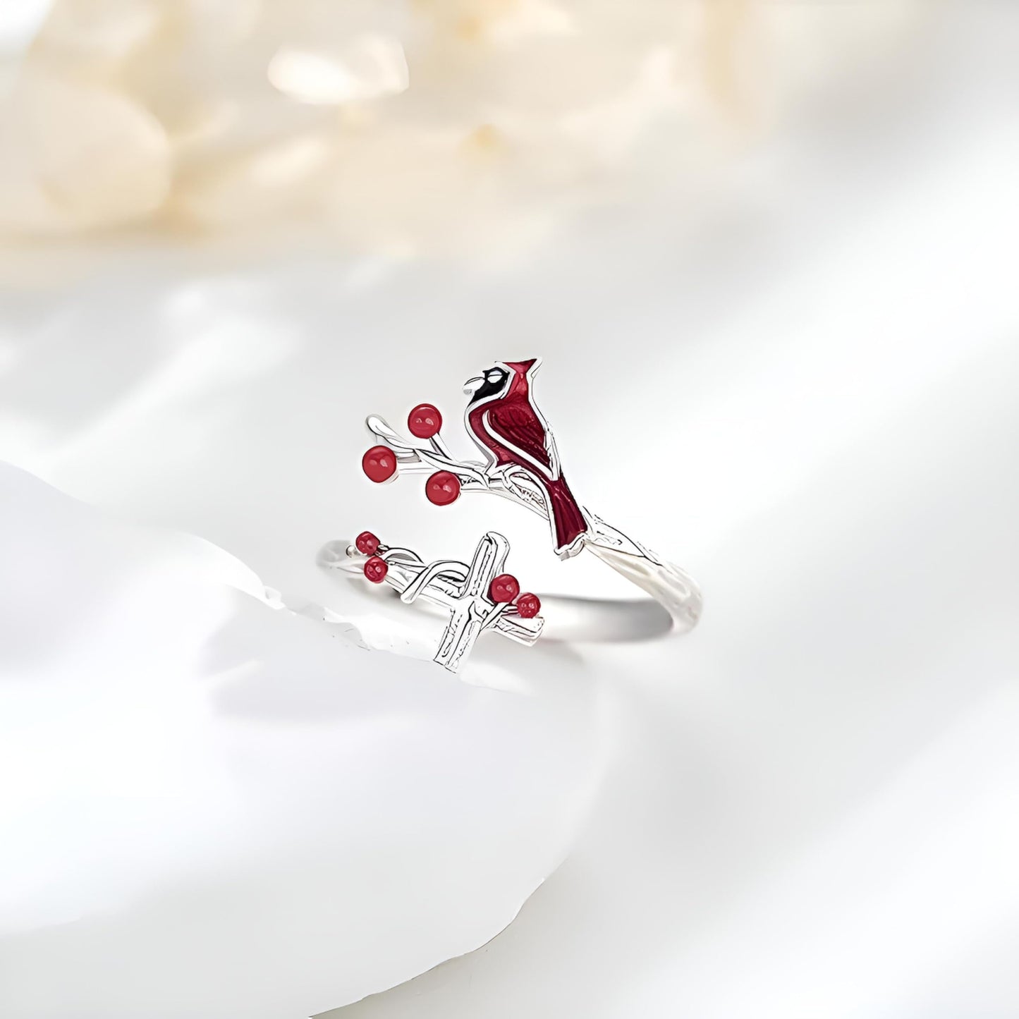 SUPAC Red Cardinal Cross Ring, Silver-Plated 'I Am Always with You' Inspirational Message, Adjustable - Christmas, Party, or Birthday Gift