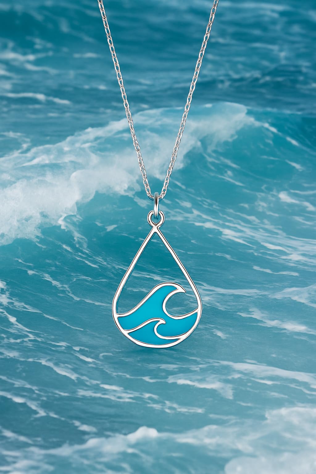 SUPAC Ocean Wave Teardrop Pendant Necklace, Silver Chain, Blue Enamel - Chill Vibes Ocean Gift