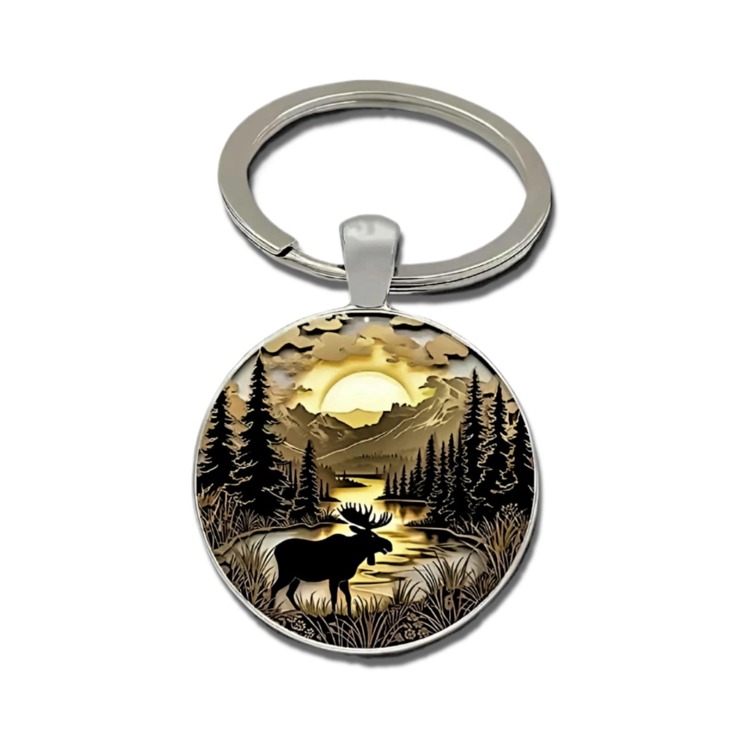 Mountain Sunset Stained Glass Art Keychain, Nature Scene Design, Round Pendant (Moose and Sunrise)