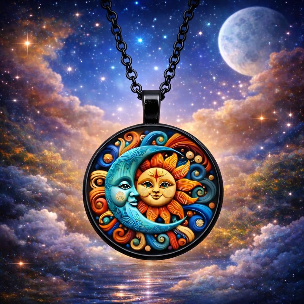 1pc Stunning Round Pendant Necklace - Unique Sun & Moon Pattern, Oil Painting Style Glass Mosaic, Alloy Construction, Trendy Sweater Chain, Fashionable Gift for Women - Christmas or Birthday Gift