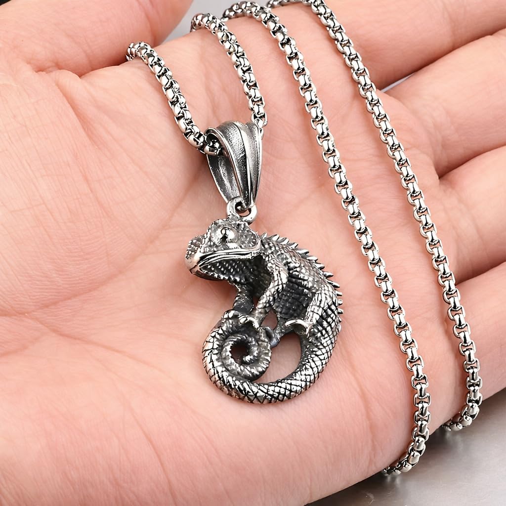 SUPAC Stainless Steel Chameleon Pendant Necklace, 3D Detailed Reptile Design, 23.6 Inch Chain Length, 1.43 Inch Pendant Size