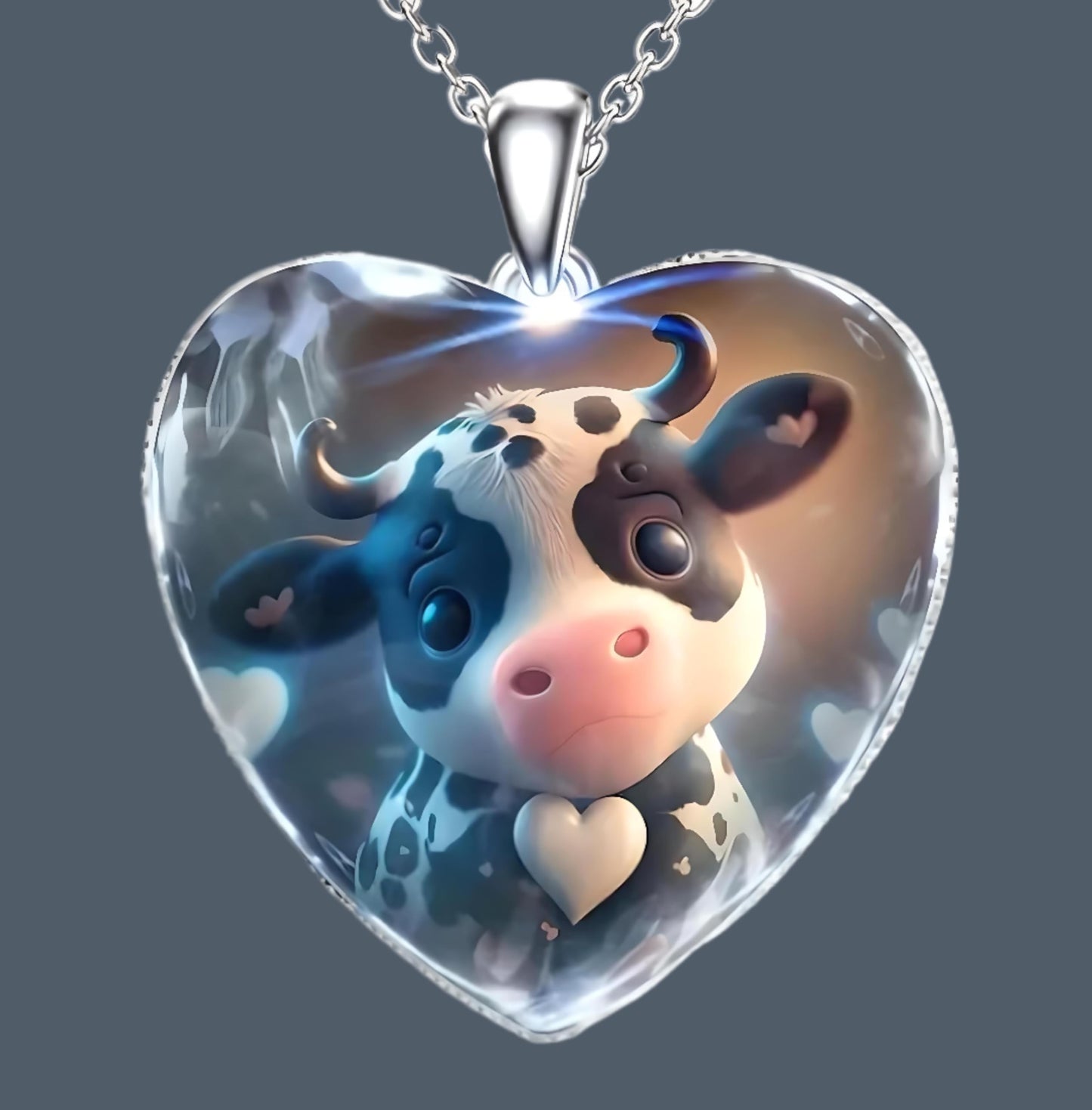 Heart-Shaped Pendant Necklace with Different Animals - Panda, Horse, Deer, Cat, Elephant, Dog Scenic Views, Stainless Steel Necklace with Glass Pendant - Christmas, Holiday, or Birthday Gift (Cow)