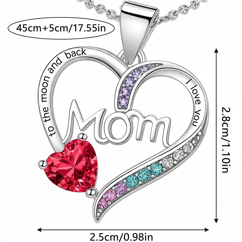 SUPAC Heart Mom Necklace, Sterling Silver Crystal Pendant with Pink Heart Stone, I Love You to the Moon and Back - Mother's Day Gift