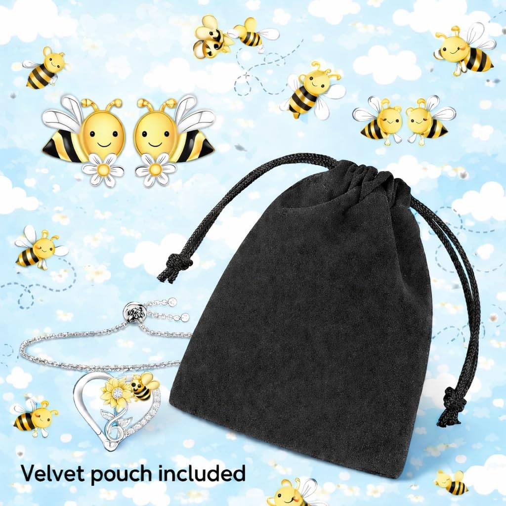 SUPAC Bee and Sunflower Jewelry Set with Heart Necklace, Bracelet, Ring and Earrings, Two-Tone Silver and Gold