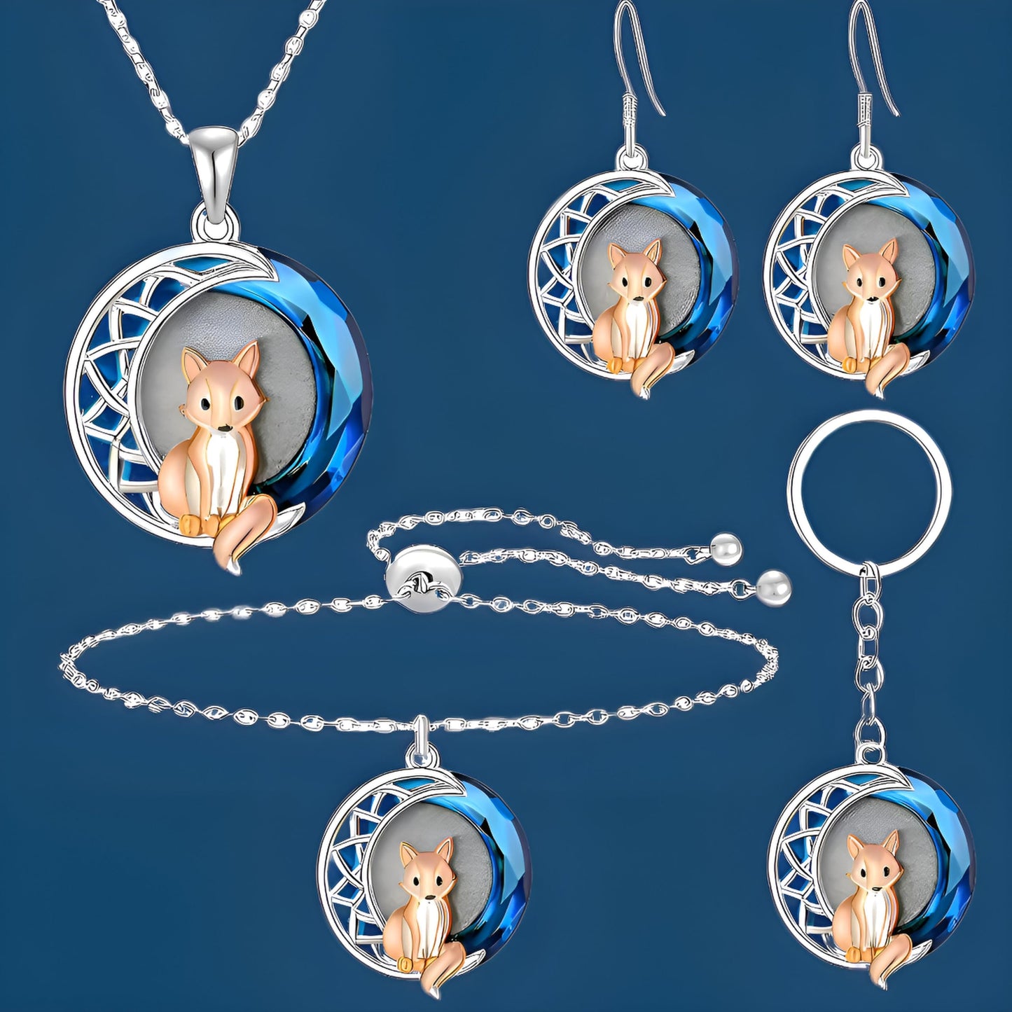 SUPAC Fox Pendant Jewelry Set, Silver Chain Necklace and Earrings, Blue Crystal Moon Design - Fox Jewelry Gift