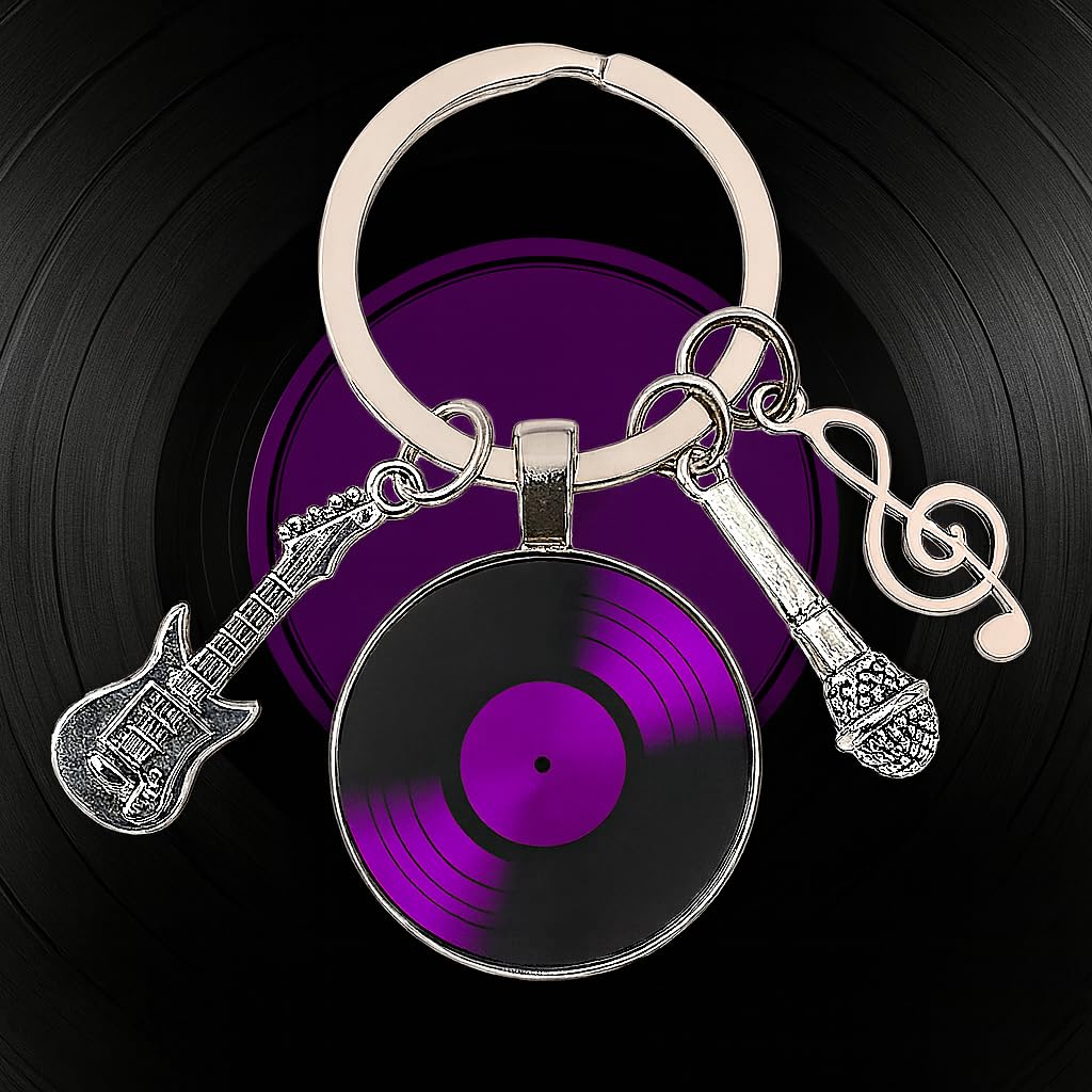 SUPAC Music Lover Keychain with Vinyl Record, Guitar, Microphone and Musical Note Charms, Music Gifts, 5 Different Color Options (Purple Vinyl)
