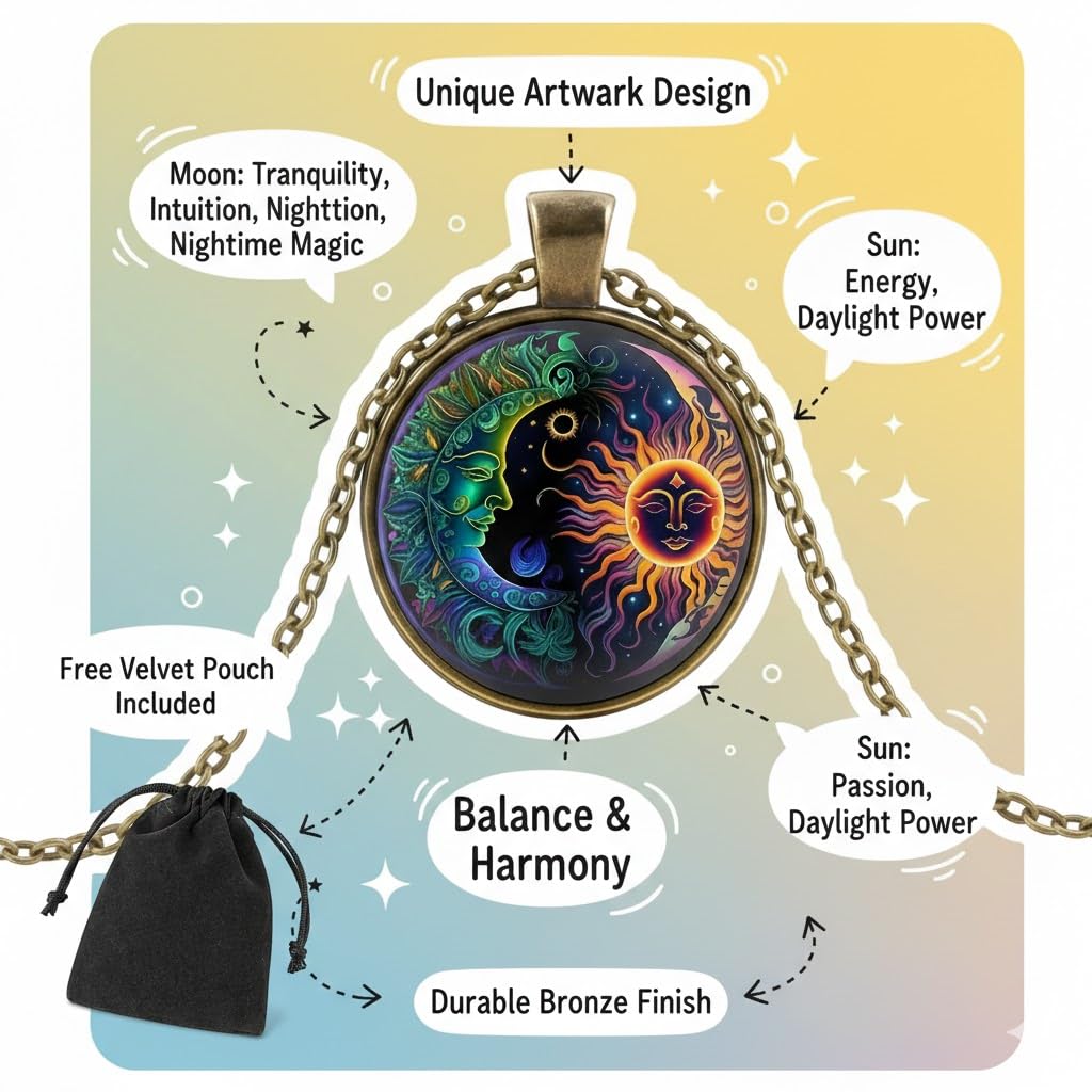 Celestial Sun and Moon Pendant Necklace, 17.7 inch Chain, Colorful Mystical Design (Bronze Chain)
