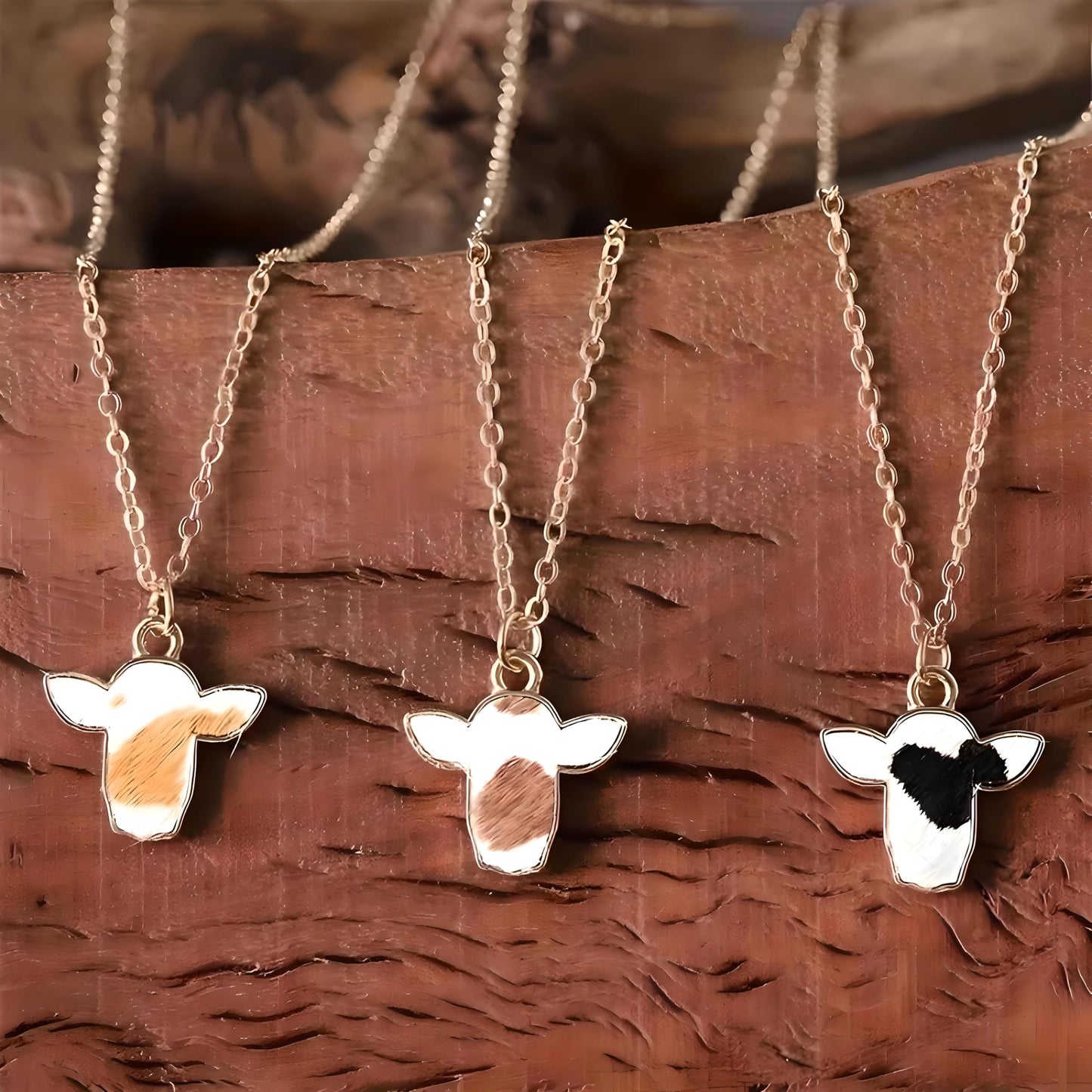 Cow Print Pendant Necklace, Gold Chain, Black and White Enamel, Western Style - Cowhide Hair