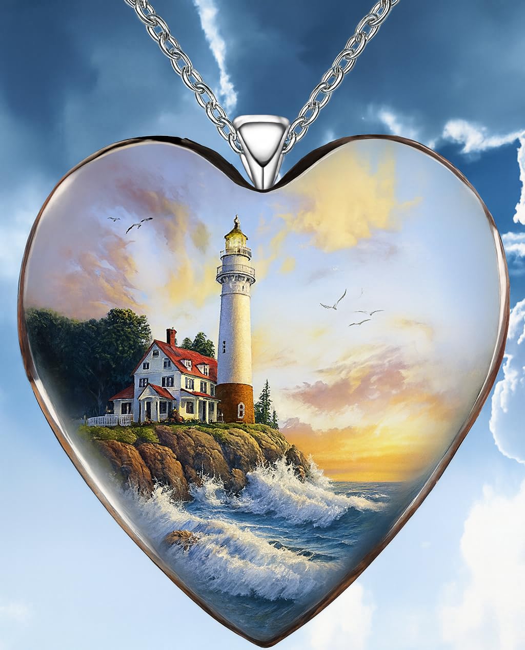SUPAC Vibrant Landscape Lighthouse Heart Pendant Necklace, Stainless Steel Chain - Christmas, Holiday, or Birthday Gift