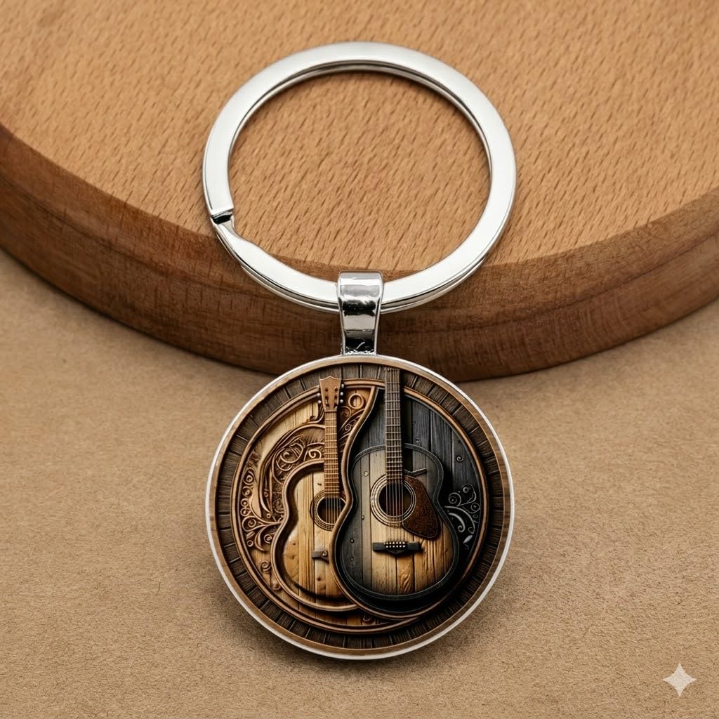 SUPAC Decorative Acoustic Guitar Keychain, 2D Flat Design, 1.18 inch Ring