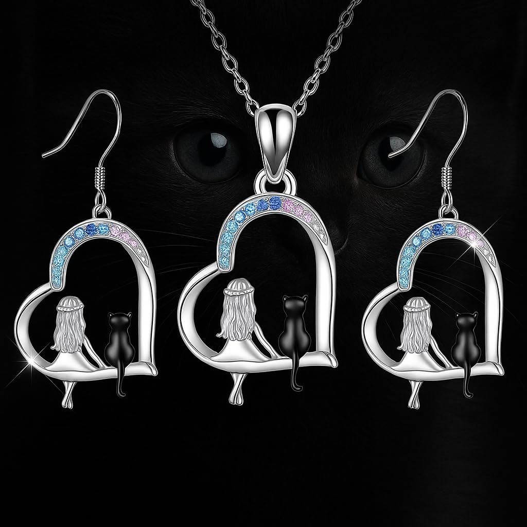 SUPAC Crystal Cat and Moon Jewelry Set, Stainless Steel Pendant Necklace with Blue and Pink Crystals, Rose Gold Cat Design, 3 Piece Set with Earrings, 0.90 Inch Width