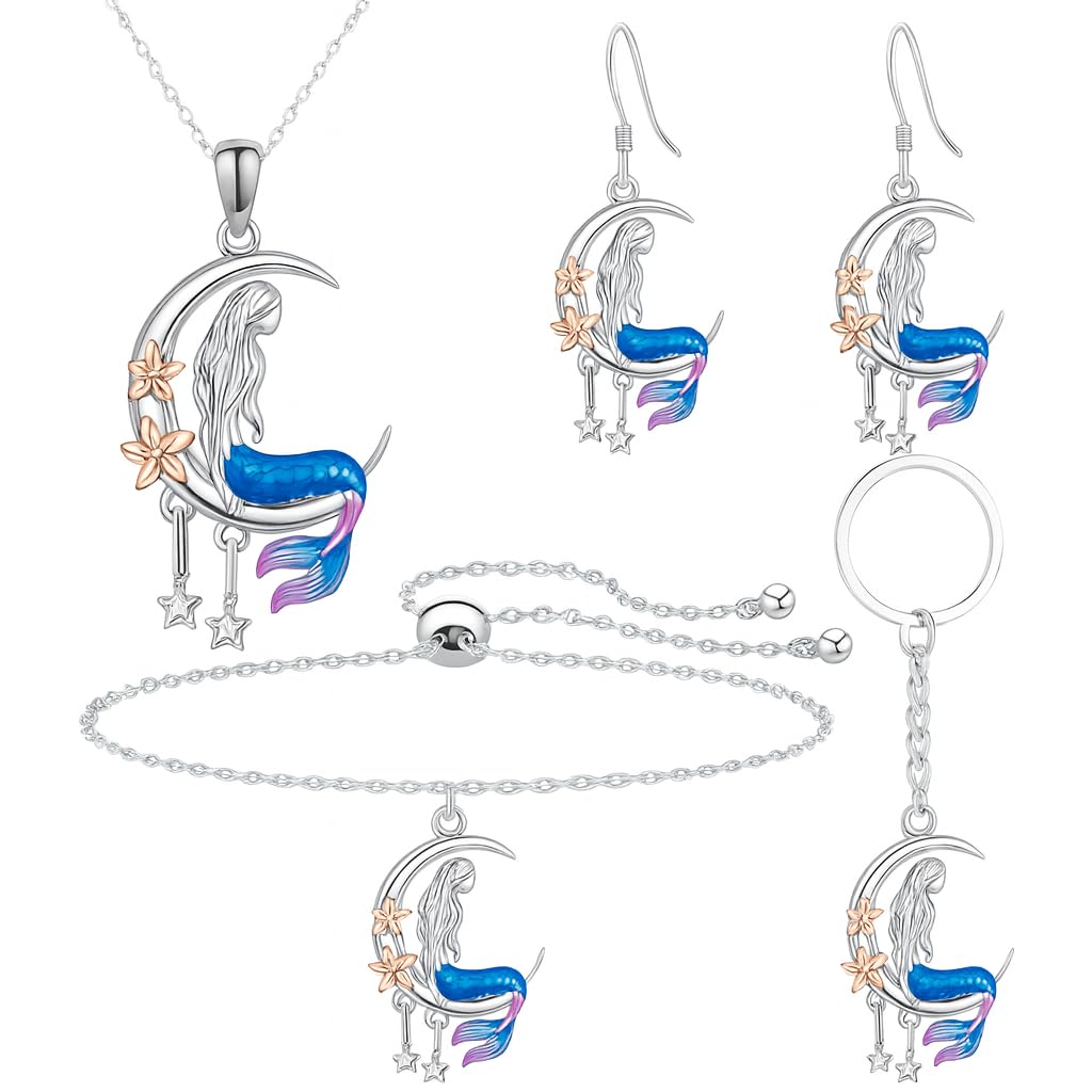Mermaid Moon Jewelry Set, Stainless Steel, 4-Piece with Necklace, Bracelet, Earrings and Ring, Blue and Pink - Mermaid Gift