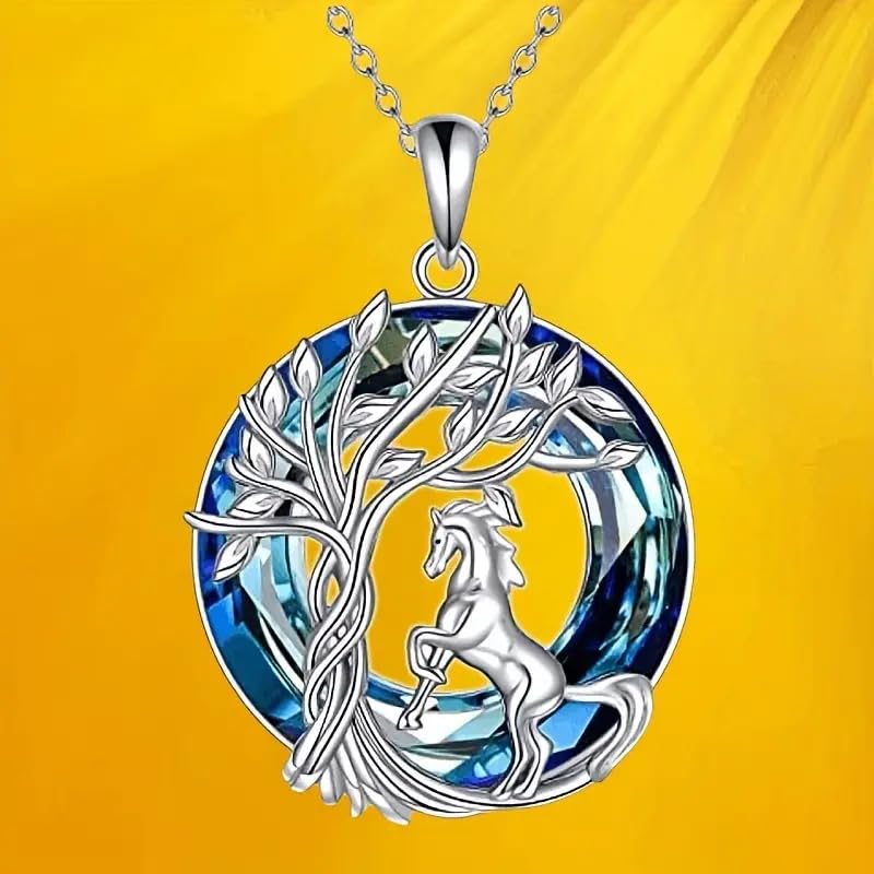 Sterling Silver Horse Tree of Life Pendant Necklace, Blue Crystal, Women's Jewelry