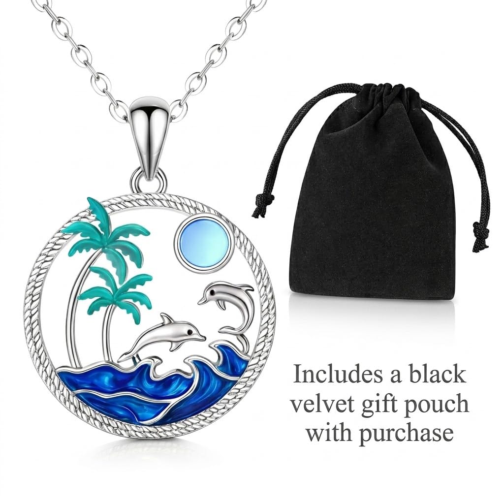 SUPAC Tropical Beach Pendant Necklace, Stainless Steel Dolphin and Palm Tree Design, 19.7 Inch Chain