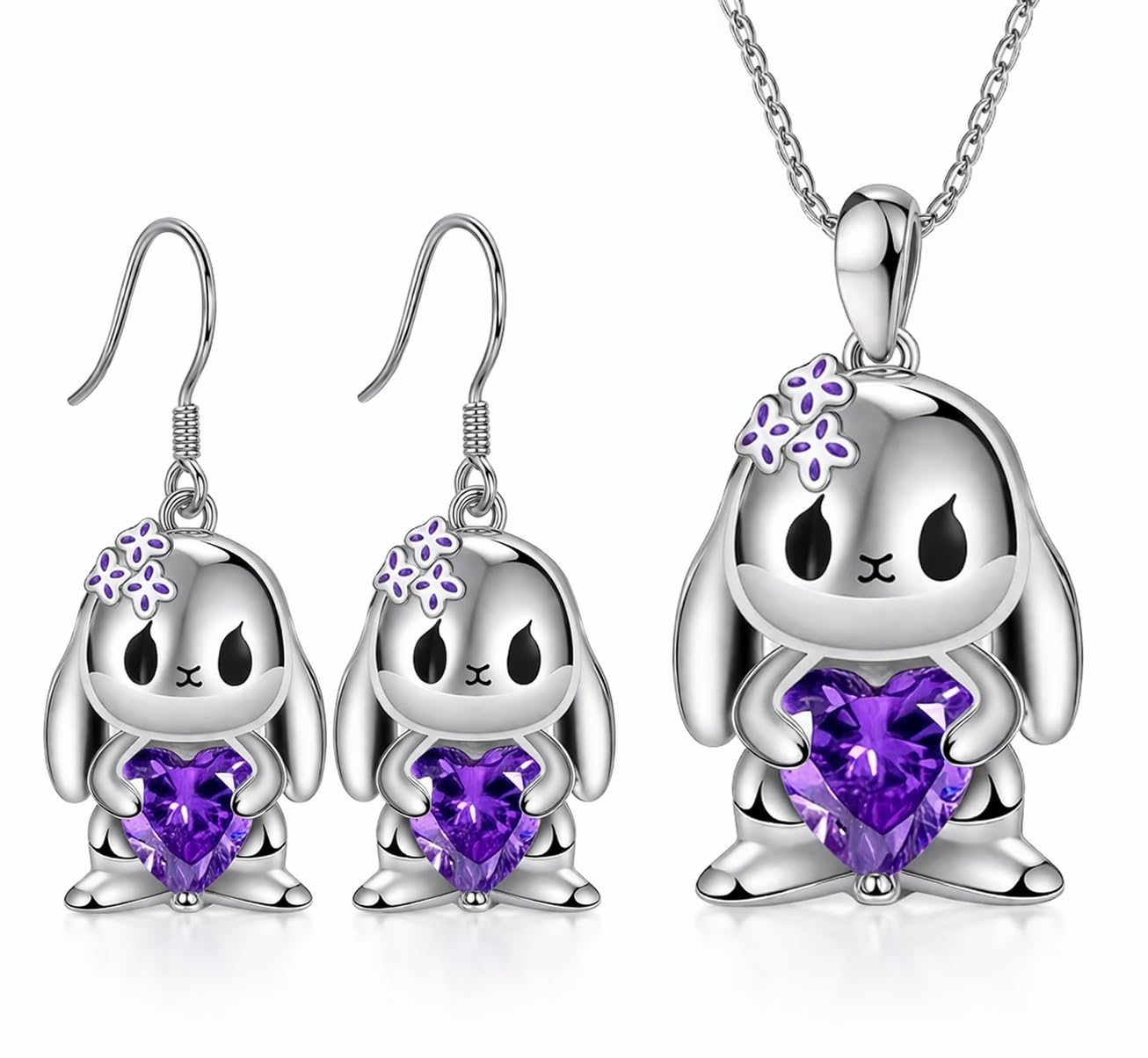 SUPAC Stainless Steel Angry Bunny Pendant Necklace with Purple Crystal Heart, 19.68 inch Chain - Silver Plated
