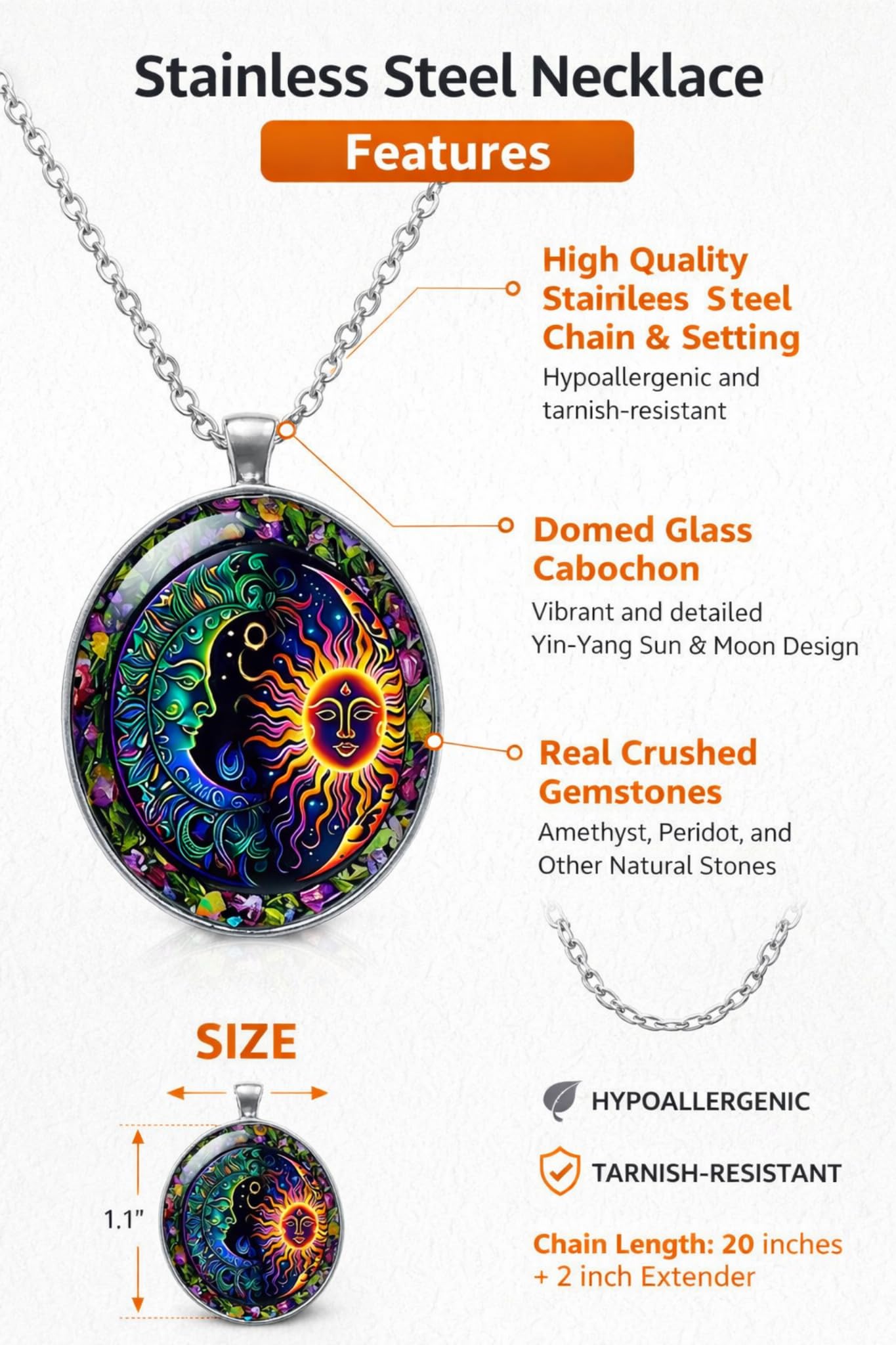 Celestial Sun and Moon Pendant Necklace, 17.7 inch Chain, Colorful Mystical Design