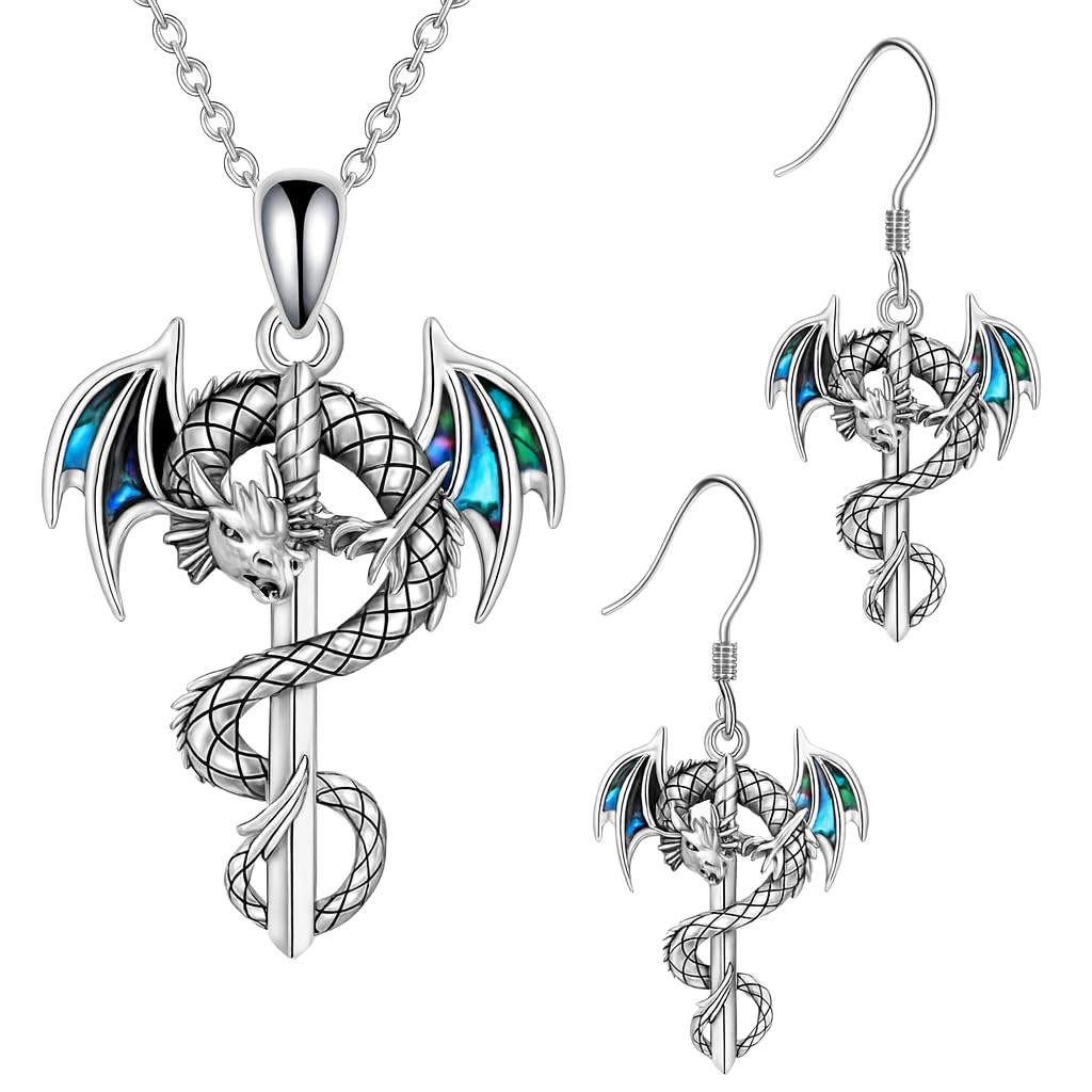 SUPAC Dragon Sword Jewelry Set, Silver Pendant Necklace and Earrings with Iridescent Wings, Gothic Fantasy Design