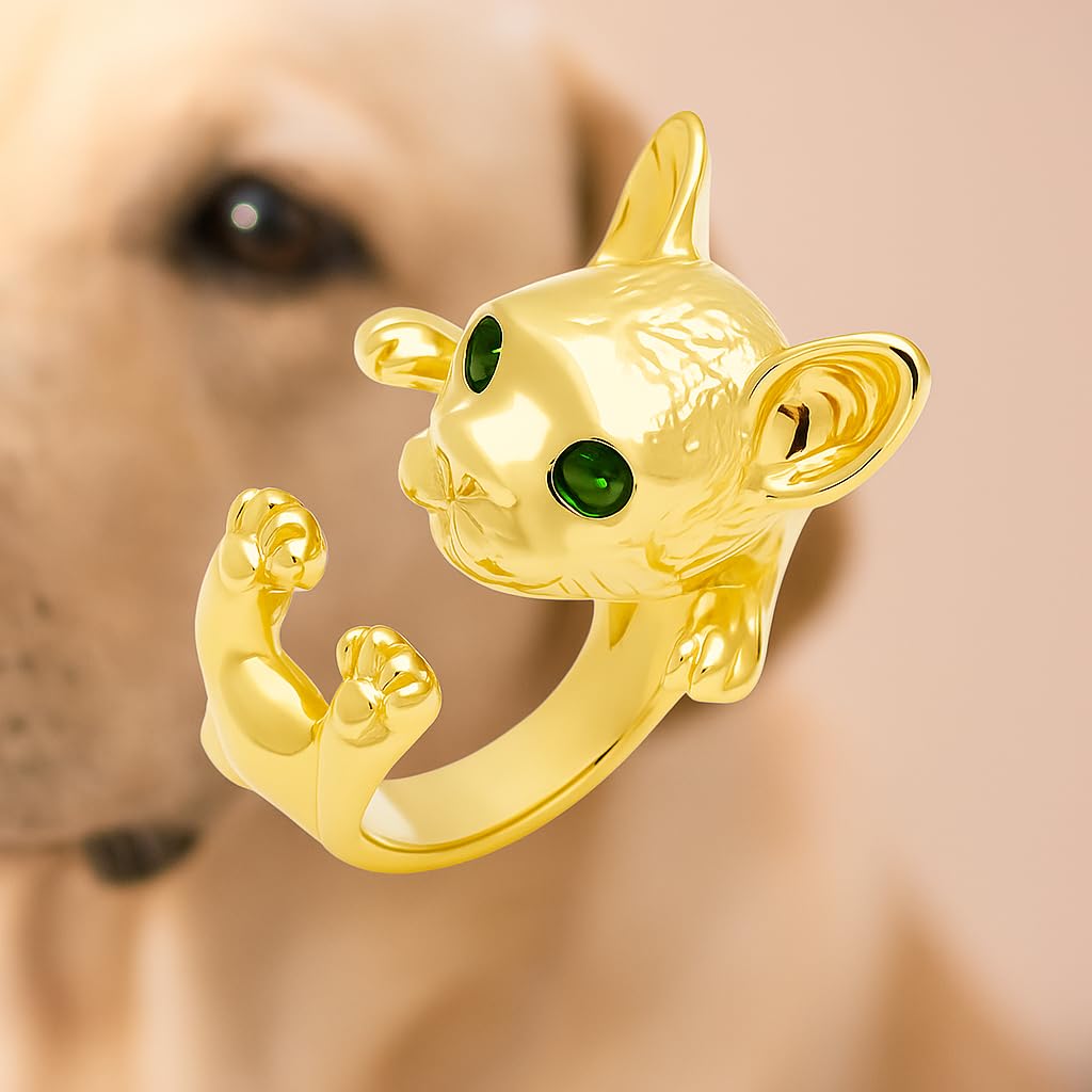 SUPAC Adjustable Silver Dog Ring, Westie Terrier and Bulldog Design, Fashion Jewelry (Golden French Bulldog)