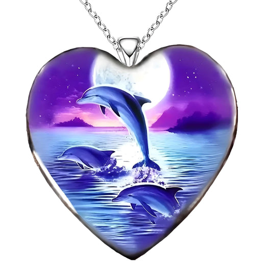Dolphins Jumping in the Ocean Heart Pendant Necklace, Ocean Scene with Stainless Steel Necklace - Holiday, Christmas, or Birthday Gift