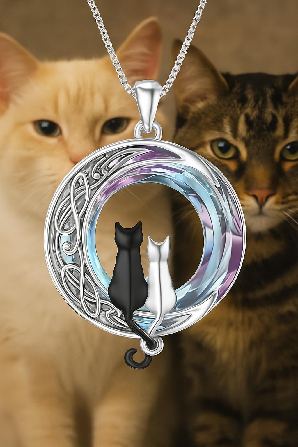 SUPAC Two Cats Moon Pendant Necklace, Black and White Cats, Celtic Design, 1.1 x 0.8 inch