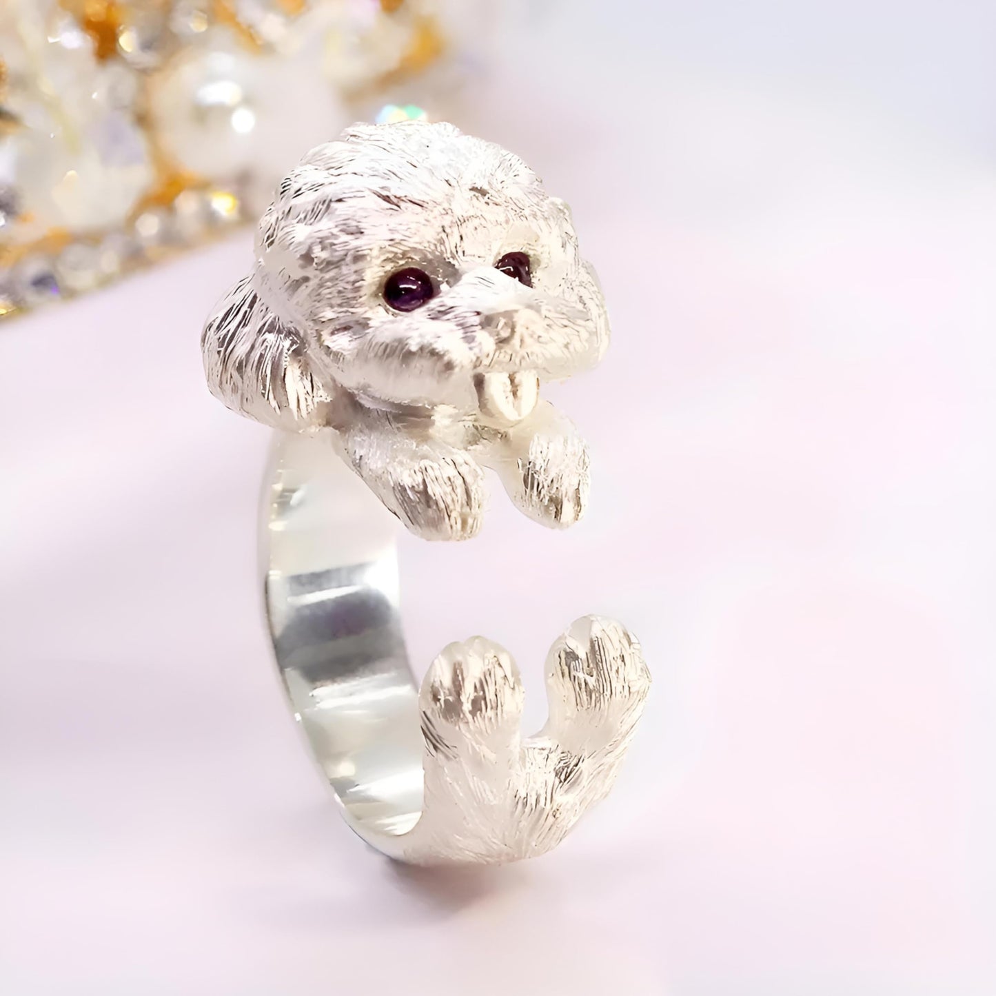 SUPAC Adjustable Silver Dog Ring, Westie Terrier and Bulldog Design, Fashion Jewelry (Poodle)