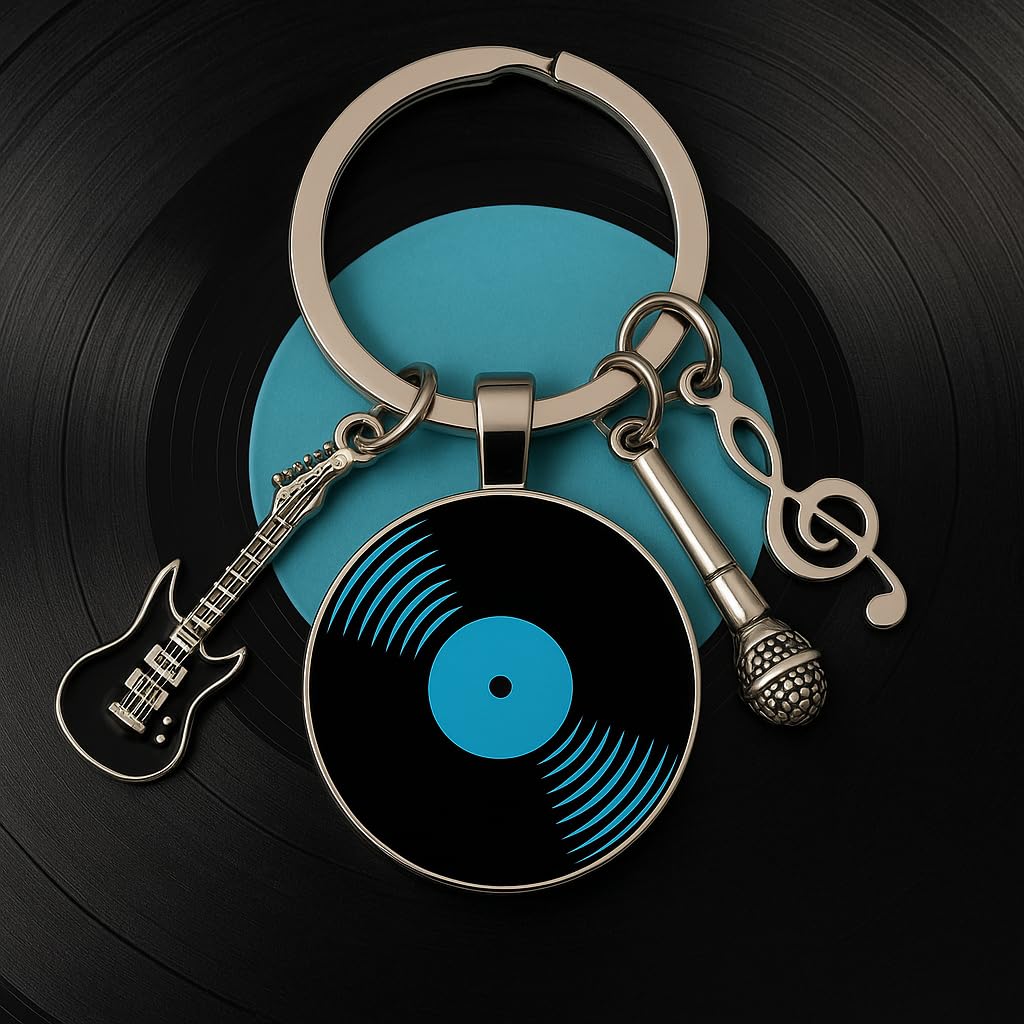SUPAC Music Lover Keychain with Vinyl Record, Guitar, Microphone and Musical Note Charms, Music Gifts, 5 Different Color Options (Blue Vinyl)