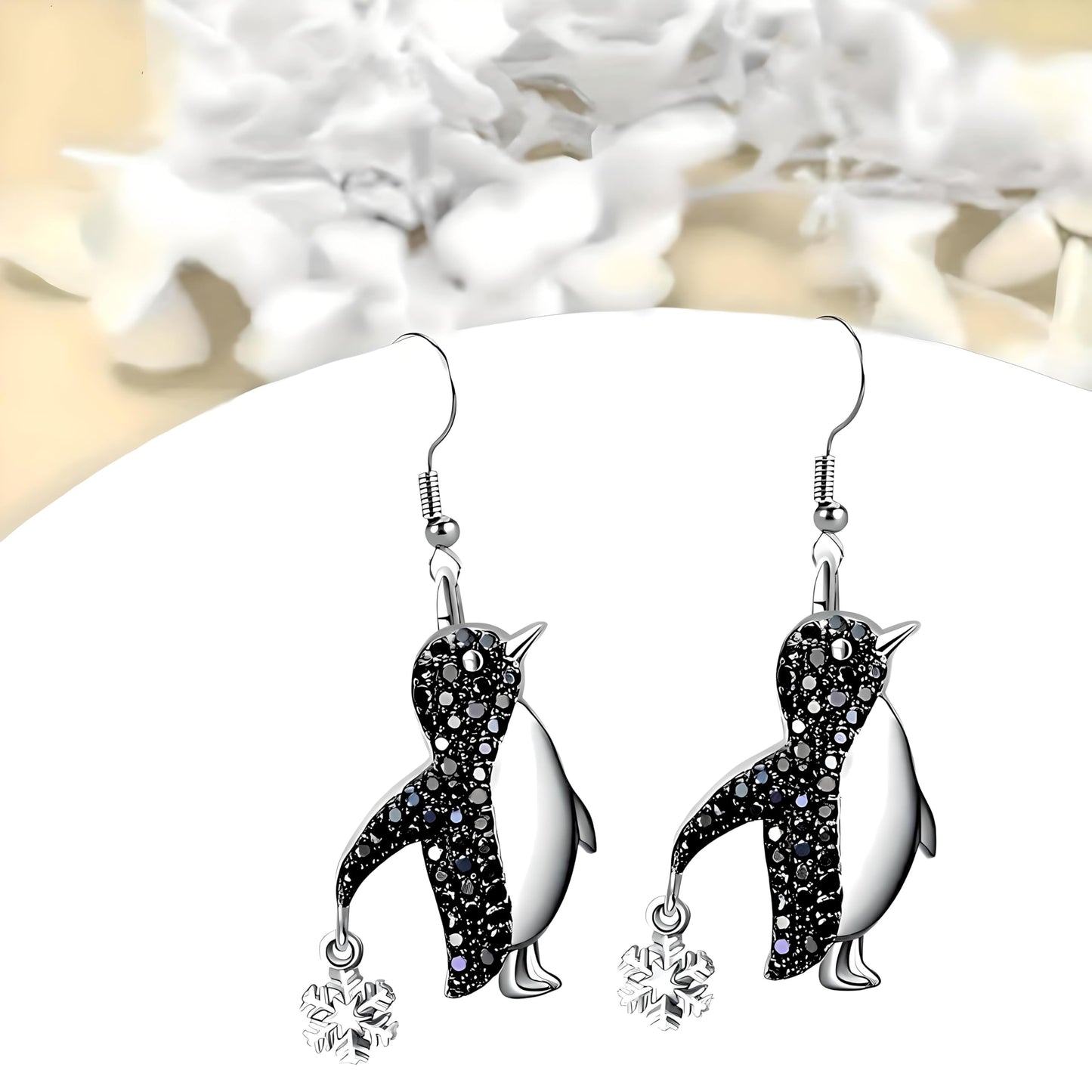 Crystal Penguin Jewelry Set, Silver Necklace and Earrings with Snowflake Charm, Black - Gift for Penguin Lovers