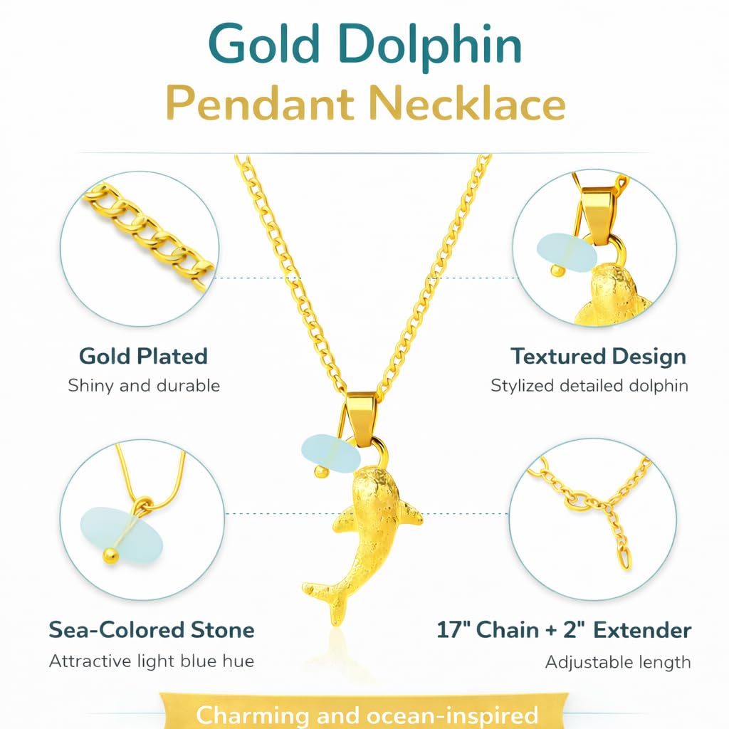 SUPAC Whale Shark Necklace with Sea Glass Accent, Gold and Silver Chain - 5 Color Options