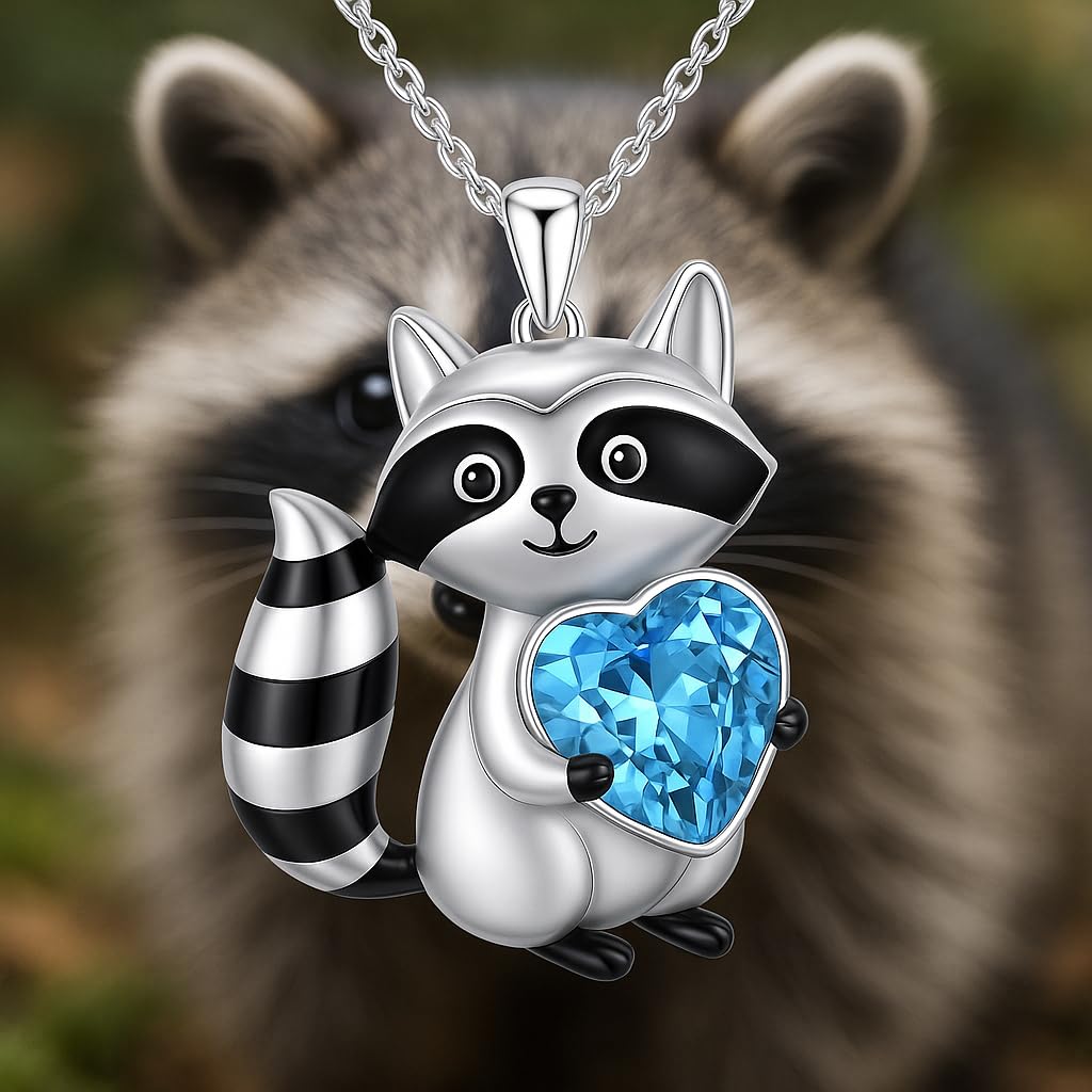 SUPAC Smiling Raccoon Necklace, Holding a Blue Heart, Silver and Black - Racoon Jewerly Gift