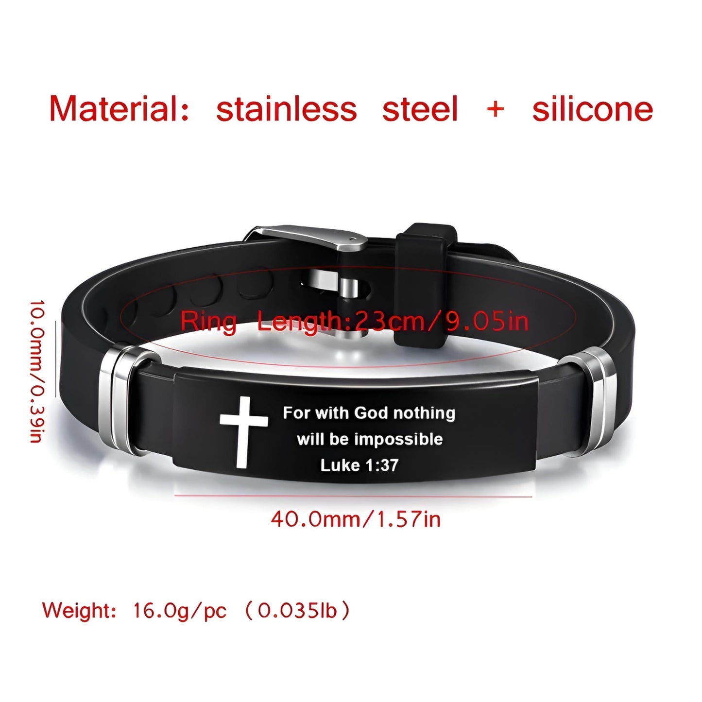 Christian Cross Bracelet with Proverbs 3:5, Phillipians 4:13, Matthew 19:26, Isaiah 41:10, Luke 1:37, Matthew 28:20 Scripture, Black Silicone Adjustable Watch Band, 9.05 inch Length