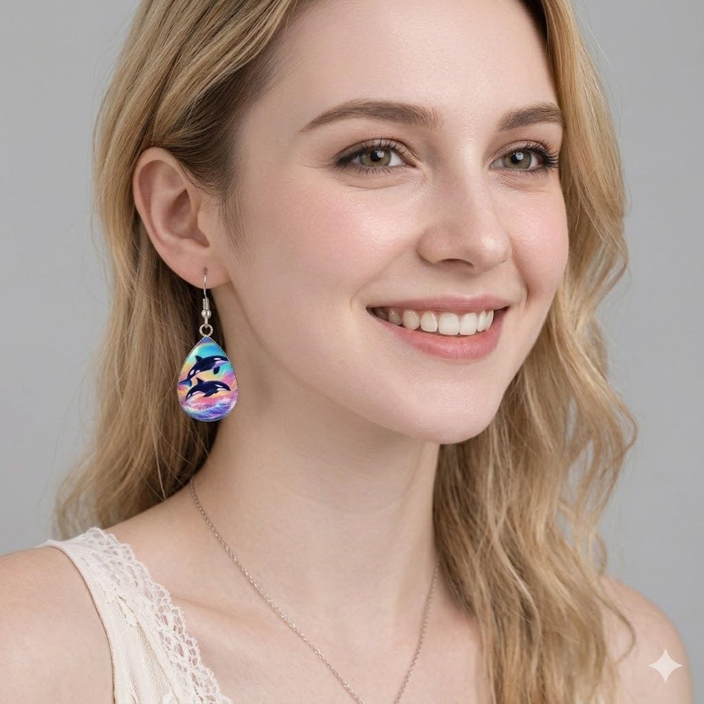 Rainbow Orca Teardrop Dangle Earrings, Colorful Killer Whale Design, Glass Covered, Hypoallergenic Stainless Steel Hooks, 1.77 Inch
