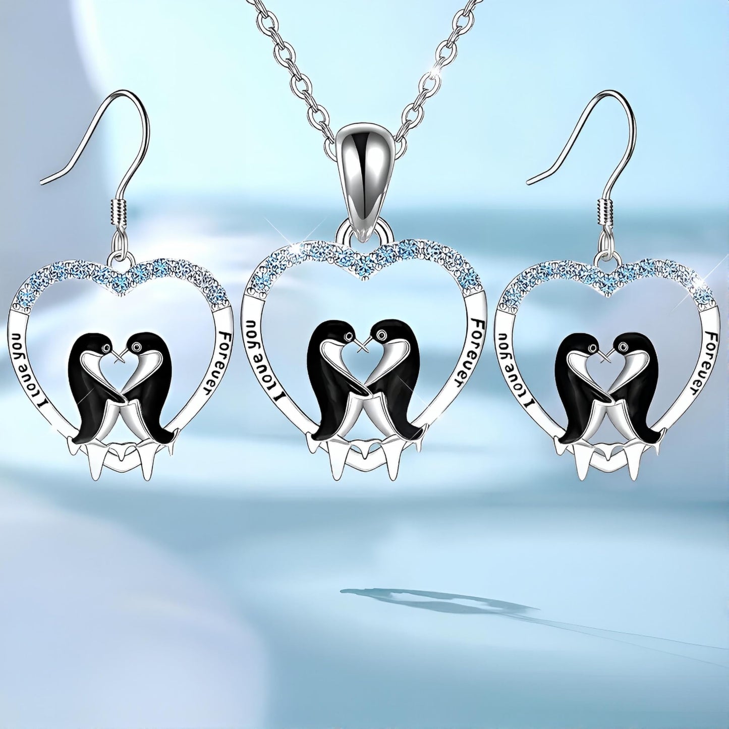 SUPAC Sterling Silver Penguin Pendant Necklace with Opal Stone and CZ Accents, 'Love You Forever' Engraved - Happy Feet Penguin