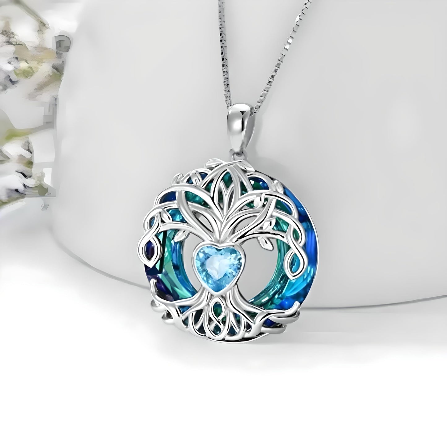 Tree of Life Jewelry Set, Blue Crystal Heart Design, Silver-Tone Necklace Bracelet Earrings Keychain, 4-Piece Set
