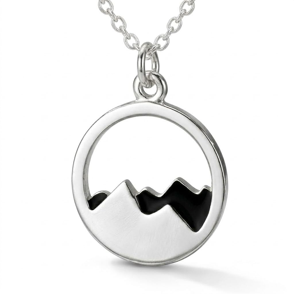 SUPAC Mountain Scene Pendant Stainless Steel Necklace, Silver Plated Chain, Nature Landscape Design, Circle Pendant (Black Mountain)