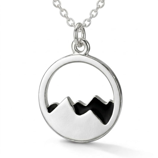 SUPAC Mountain Scene Pendant Stainless Steel Necklace, Silver Plated Chain, Nature Landscape Design, Circle Pendant (Black Mountain)