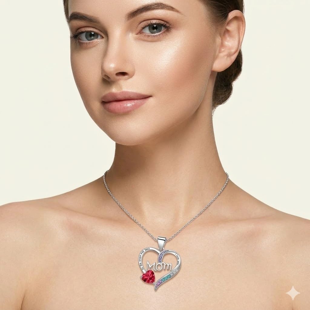 SUPAC Heart Mom Necklace, Sterling Silver Crystal Pendant with Pink Heart Stone, I Love You to the Moon and Back - Mother's Day Gift