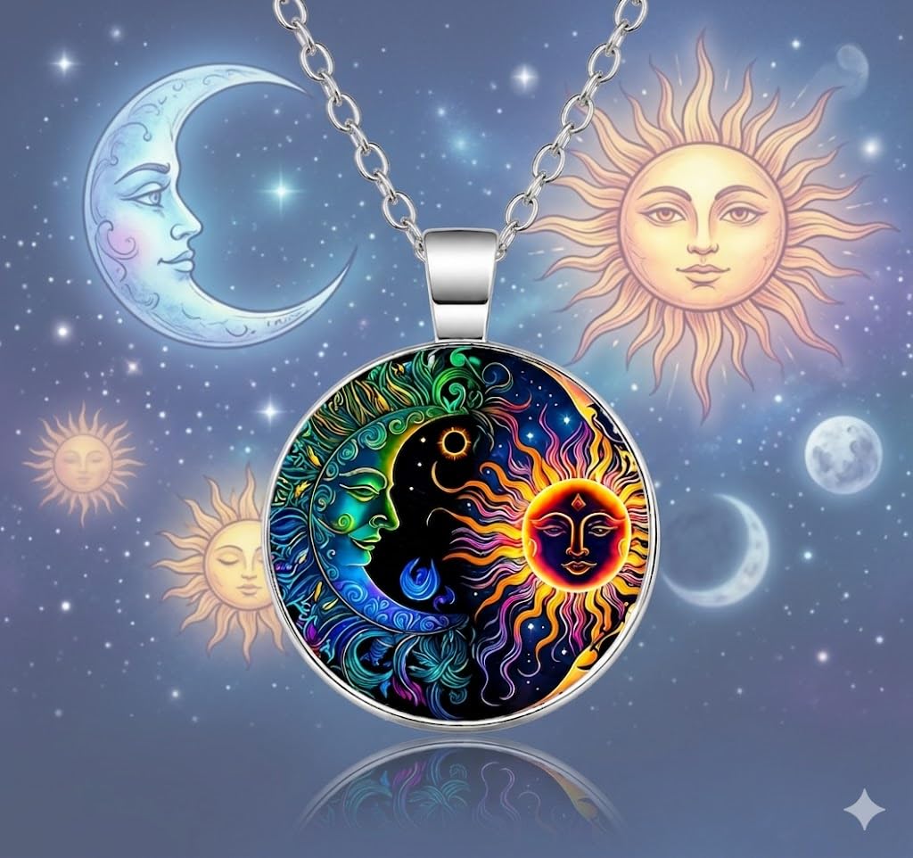 1pc Stunning Round Pendant Necklace - Unique Sun & Moon Pattern, Oil Painting Style Glass Mosaic, Alloy Construction, Trendy Sweater Chain, Fashionable Gift for Women - Christmas or Birthday Gift