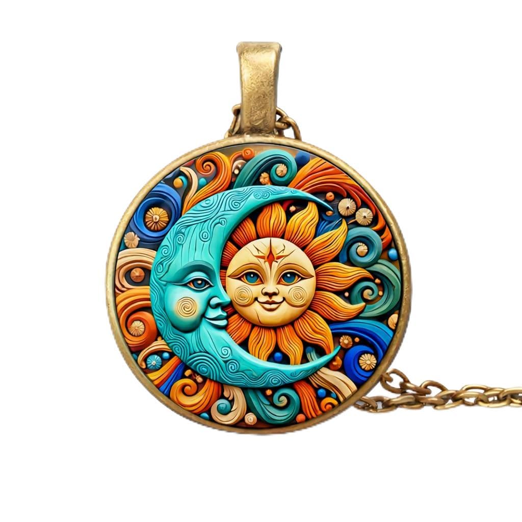 1pc Stunning Round Pendant Necklace - Unique Sun & Moon Pattern, Oil Painting Style Glass Mosaic, Alloy Construction, Trendy Sweater Chain, Fashionable Gift for Women - Christmas or Birthday Gift