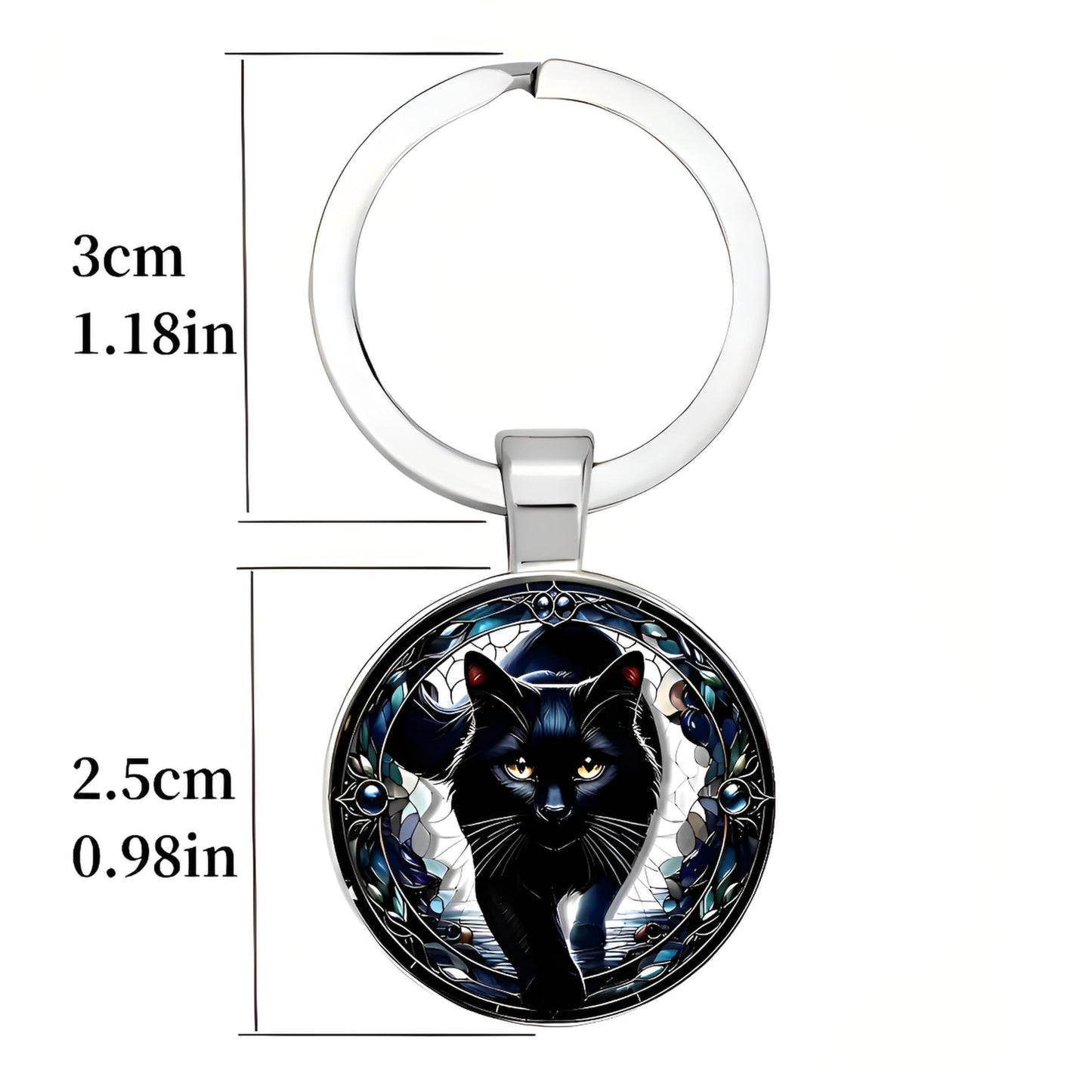 SUPAC Mystic Cat Art Glass Pendant Keychain, Double-Sided Round Design, Floral Pattern, Silver Keyring, Black Brown Kitten
