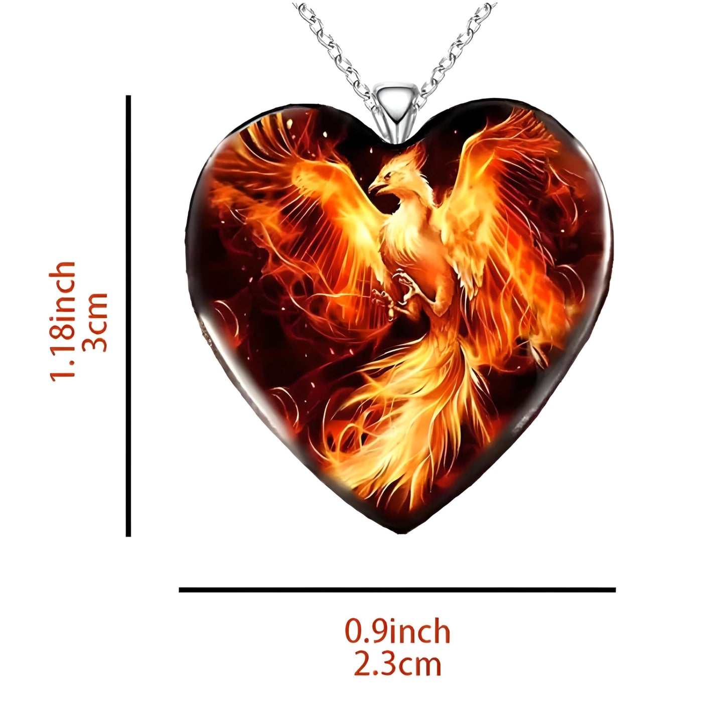 Heart-Shaped Pendant Necklace with Different Animals - Panda, Horse, Deer, Cat, Elephant, Dog Scenic Views, Stainless Steel Necklace with Glass Pendant - Christmas, Holiday, or Birthday Gift (Phoenix Rising)