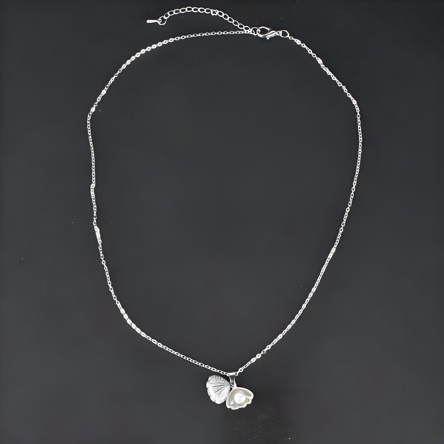 Crystal Shell Pearl Pendant Necklace, 18 Inch Chain with 2 Inch Extender, Silver