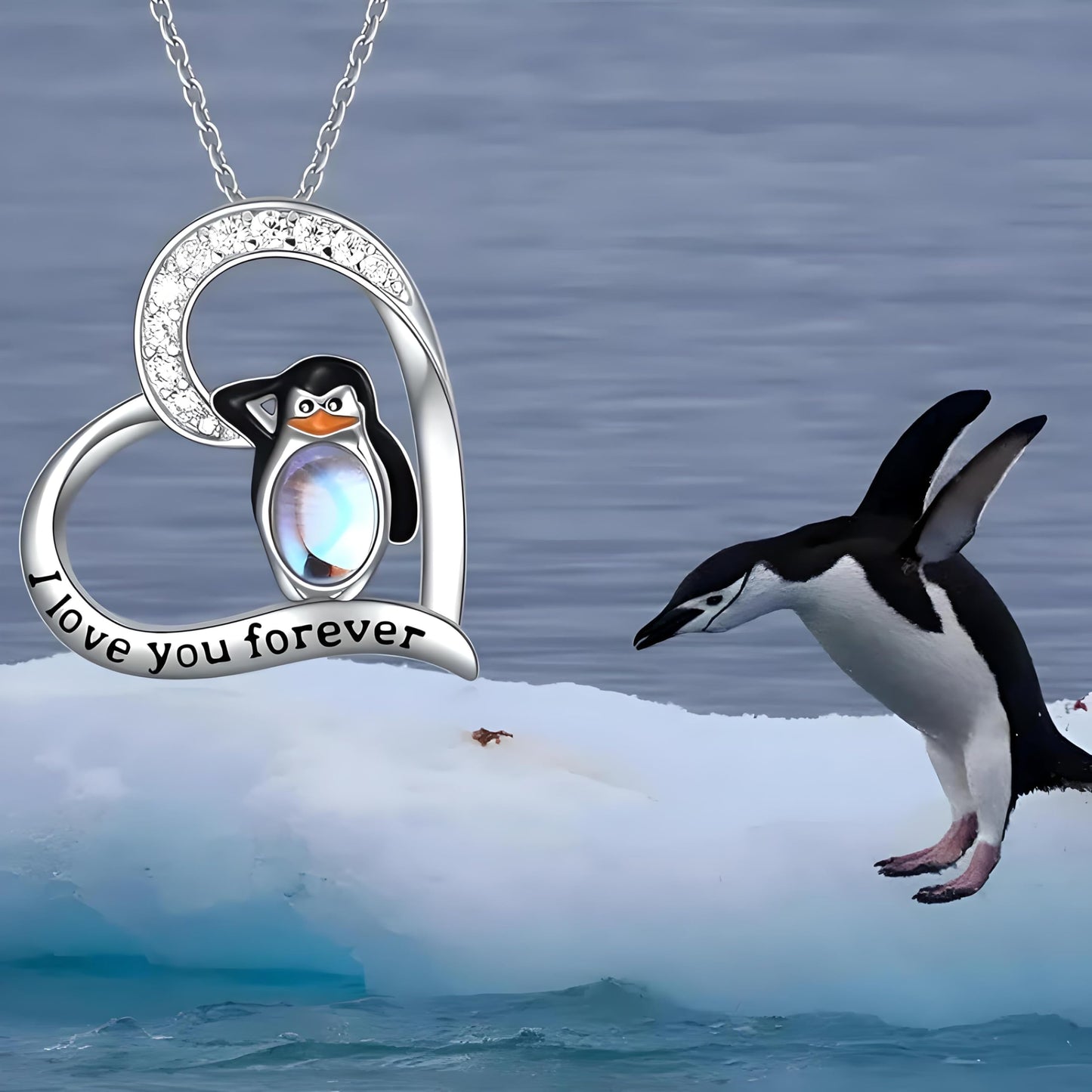SUPAC Sterling Silver Penguin Pendant Necklace with Opal Stone and CZ Accents, 'Love You Forever' Engraved - Happy Feet Penguin