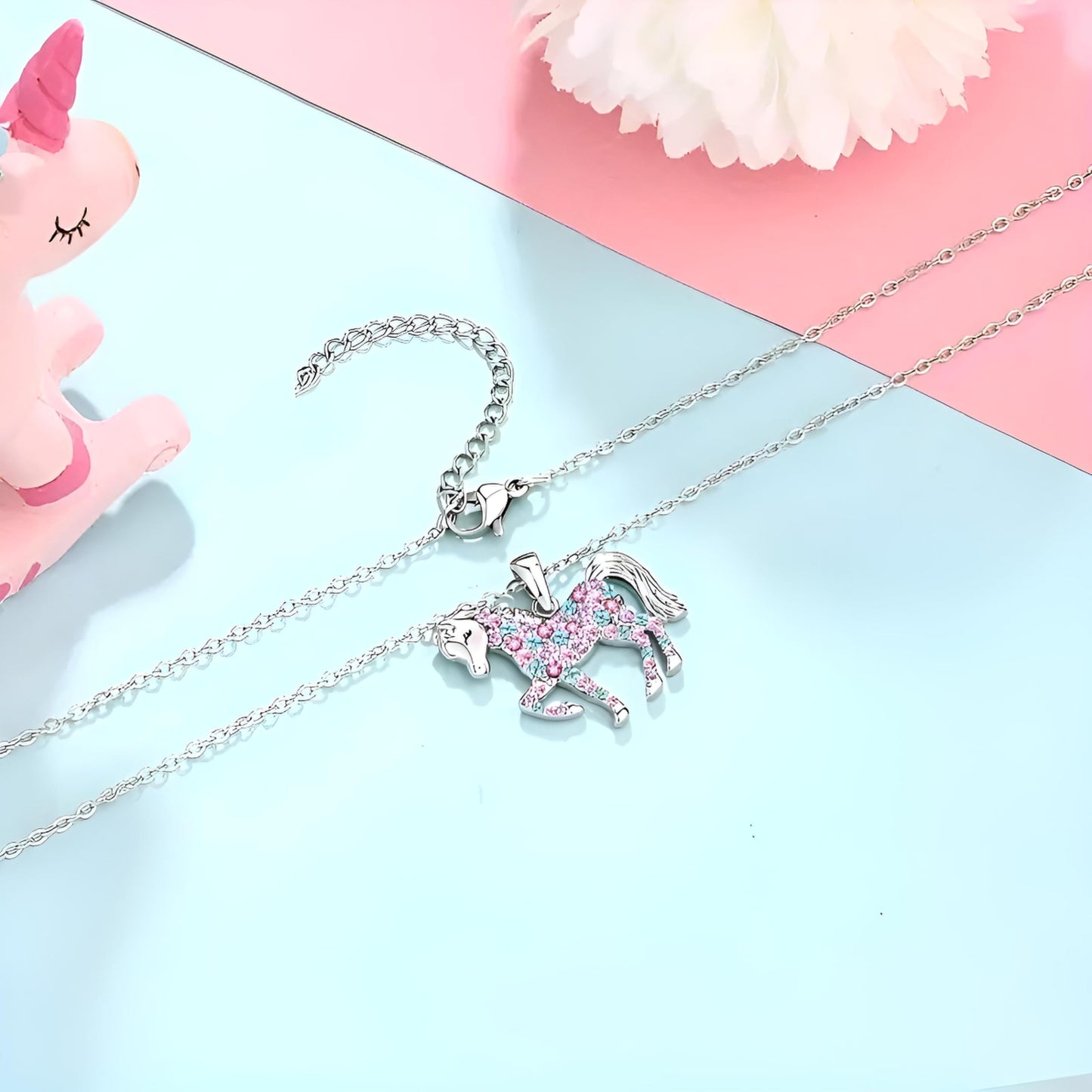 SUPAC Crystal Horse Pendant Necklace, Pink and Blue Rhinestones, Silver Chain, 17.6 inches