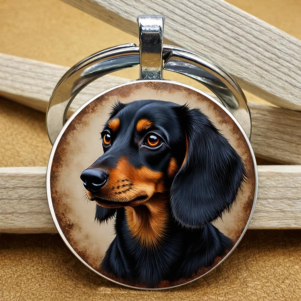 SUPAC Dog Lovers' Keychain, Different Puppy Breeds Portrait Round Glass Keychain, Silver Metal Frame, 1.06 Inch Diameter