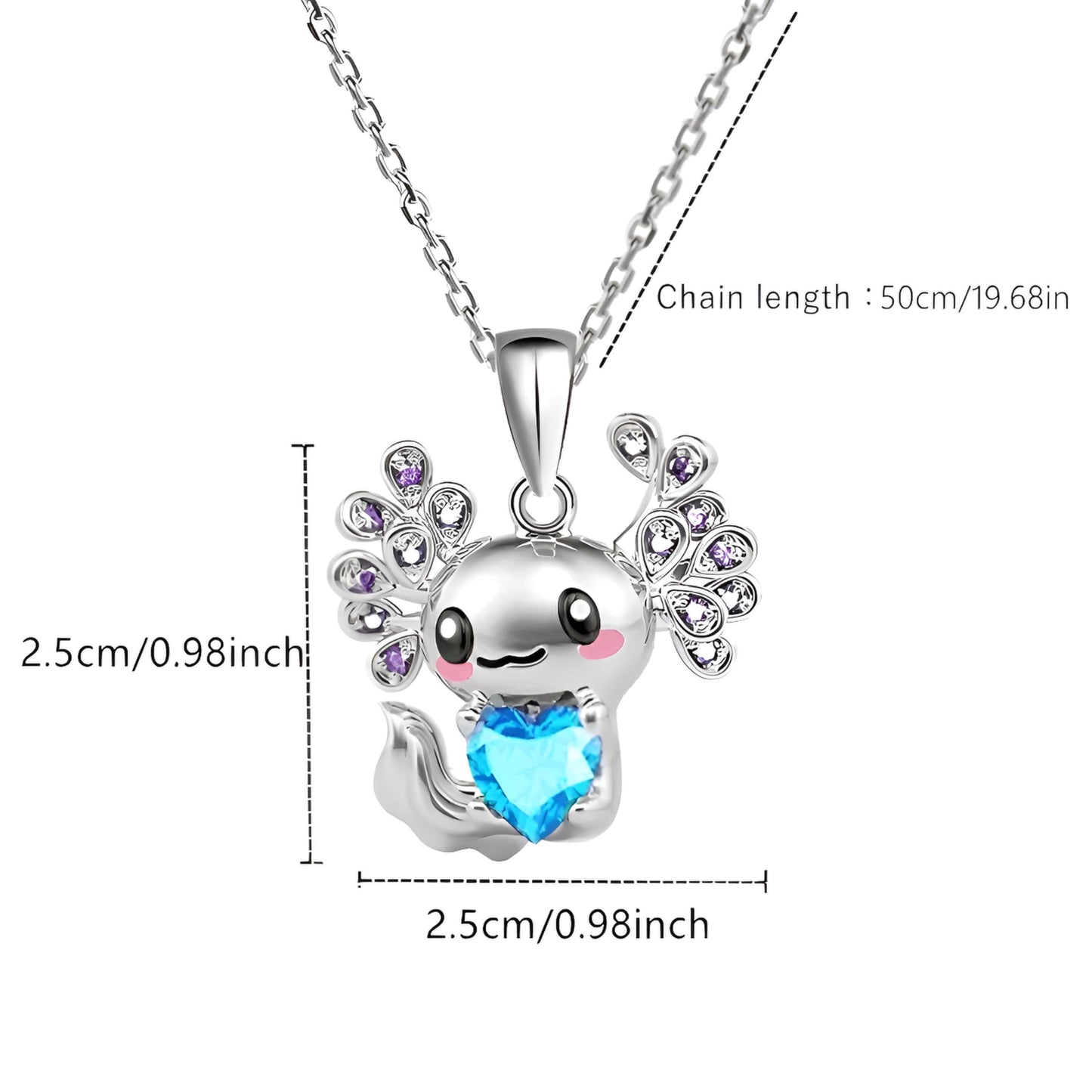 SUPAC Cute Axolotl Pendant Necklace, 19.7 inch Chain, Crystal Heart Design, 3 Colors - Axolotl Gift